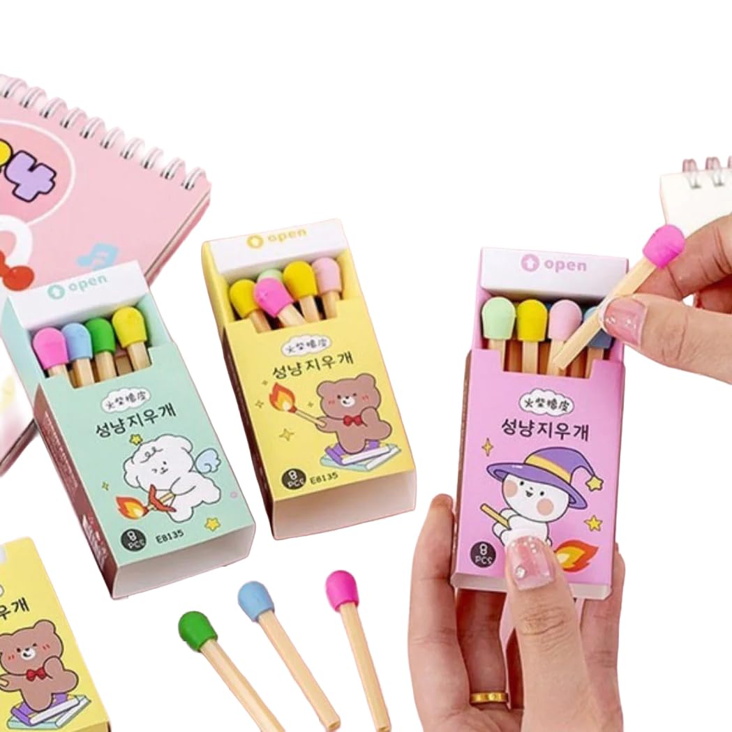 E8135 Matchstick Shape Eraser Set for Kids, Cute Matchbox Design, 8 Mini Cartoon Rubber Erasers, for School, Drawing & Stationery Collection