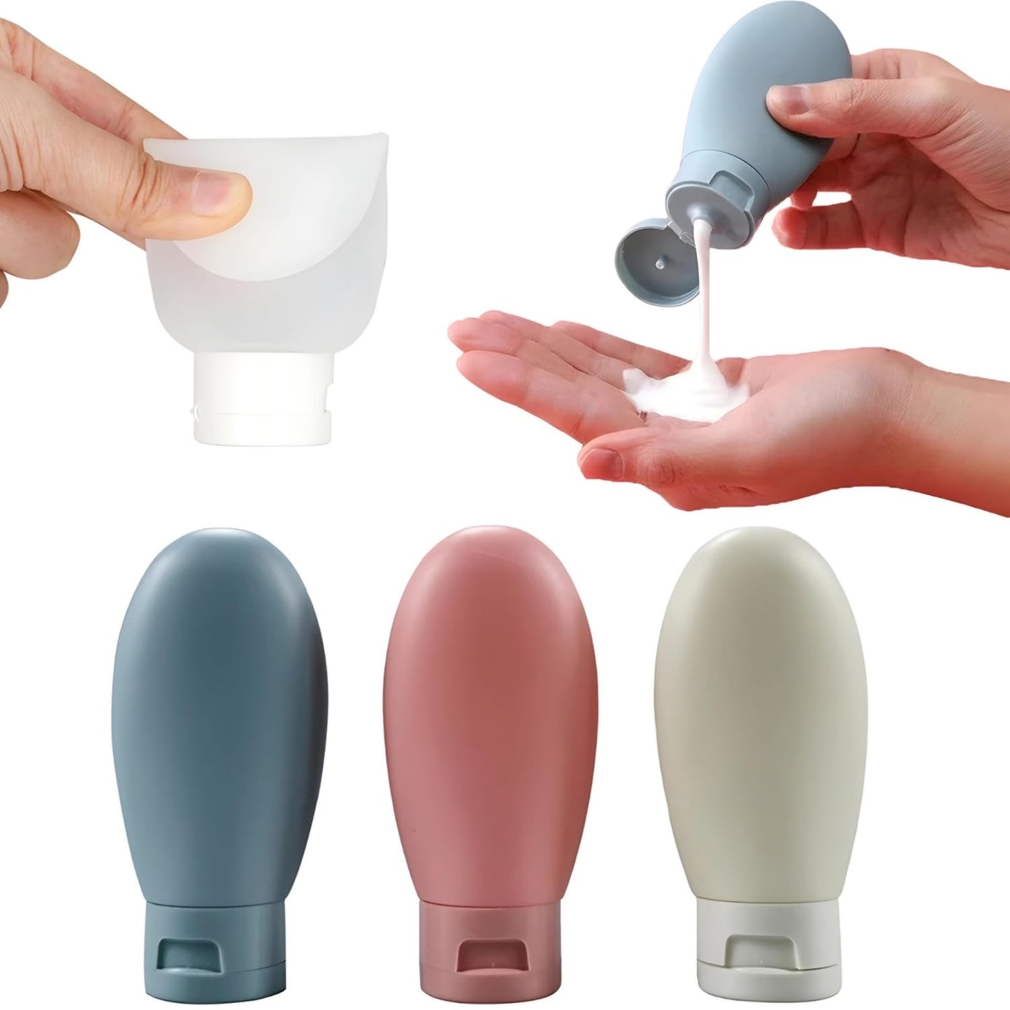 20739 (3 PCS) Travel Bottle Set 60ml Empty Silicone Plastic Shampoo Shower Gel Lotion Refillable Liquid Container Squeeze Cosmetic Portable Tube Small Size Leakproof for Travelling