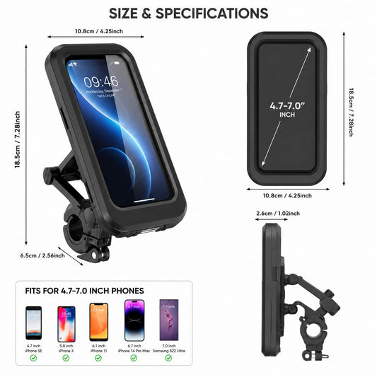 20869 Waterproof Motorcycle Phone Holder, Bike Mobile Holder with Touch Screen, 360° Rotation Metal Handlebar Mount, Universal Mobile Stand for Bicycle, Scooter & Bike