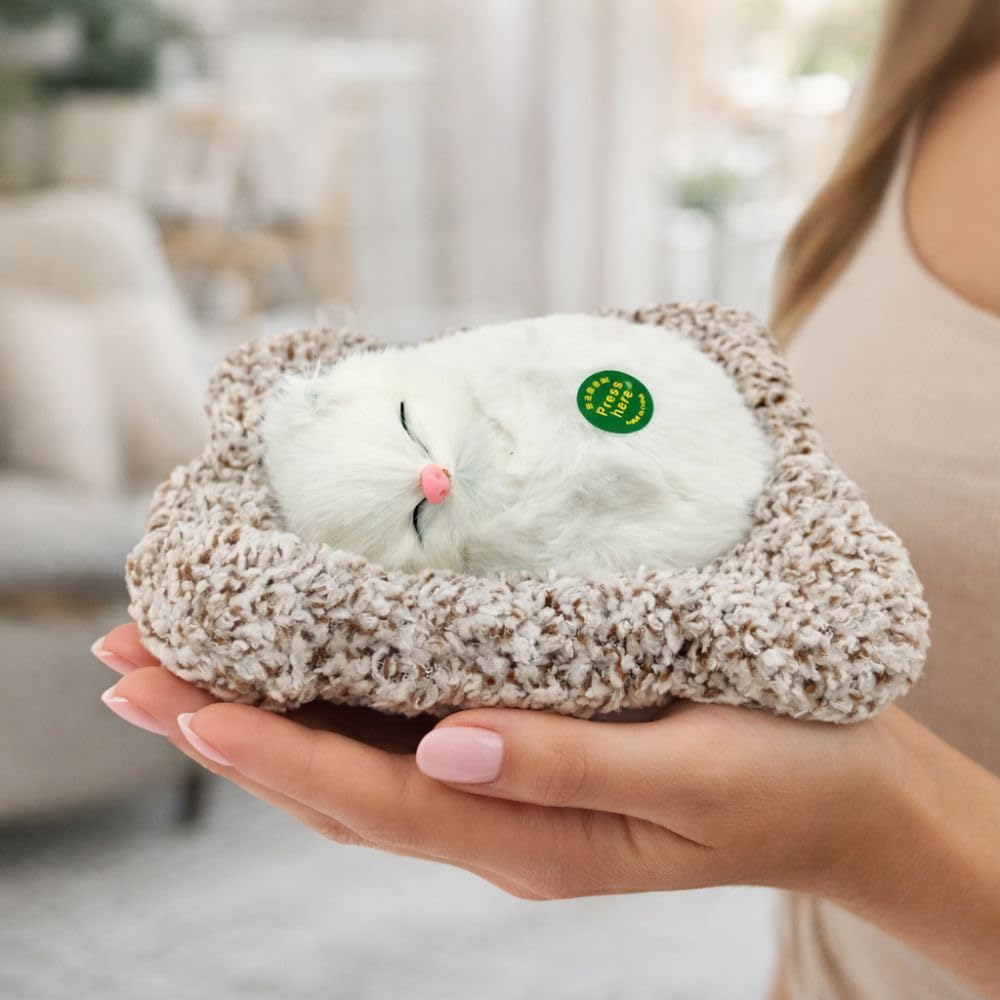 1676 Plush Sleeping Cat Decorative Toy with Pink Nose, White Fluffy Fur, Car Dashboard Display