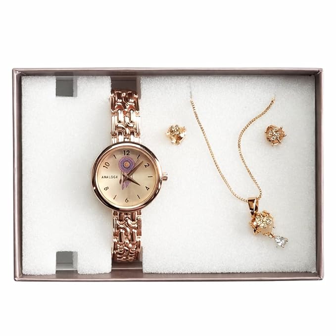 20654 Rose Gold Analog Women’s Wrist Watch with Necklace & Earrings Set | Metal Bracelet Watch | Jewellery Gift Combo for Women {Random Design}