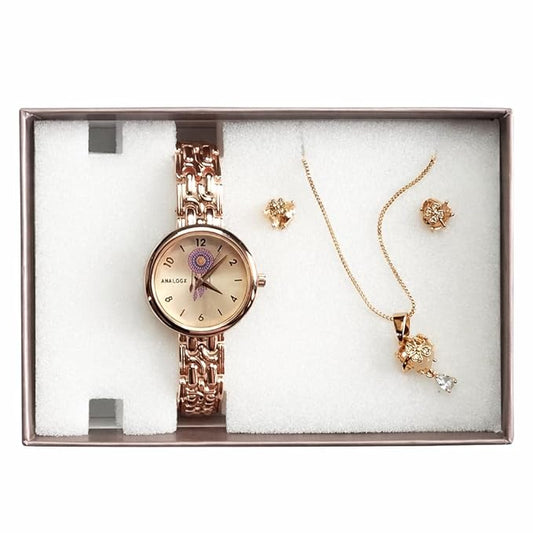 20654 Rose Gold Analog Women’s Wrist Watch with Necklace & Earrings Set | Metal Bracelet Watch | Jewellery Gift Combo for Women {Random Design}