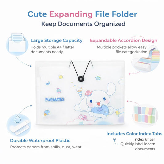 1881562 Cinnamoroll Kawaii Expanding File Folder with 12 Partitions – Cute A4 Accordion Document Organizer with Index Tabs, Waterproof Durable Plastic for School, Office & Home Use