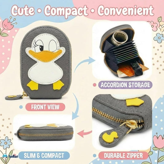 0621 Cute Duck Card Holder – 13 Compartment Mini PU Leather Wallet for Kids & Women, Compact Zipper Pouch for Cards & Cash, Small Travel-Friendly Purse {Random Color}