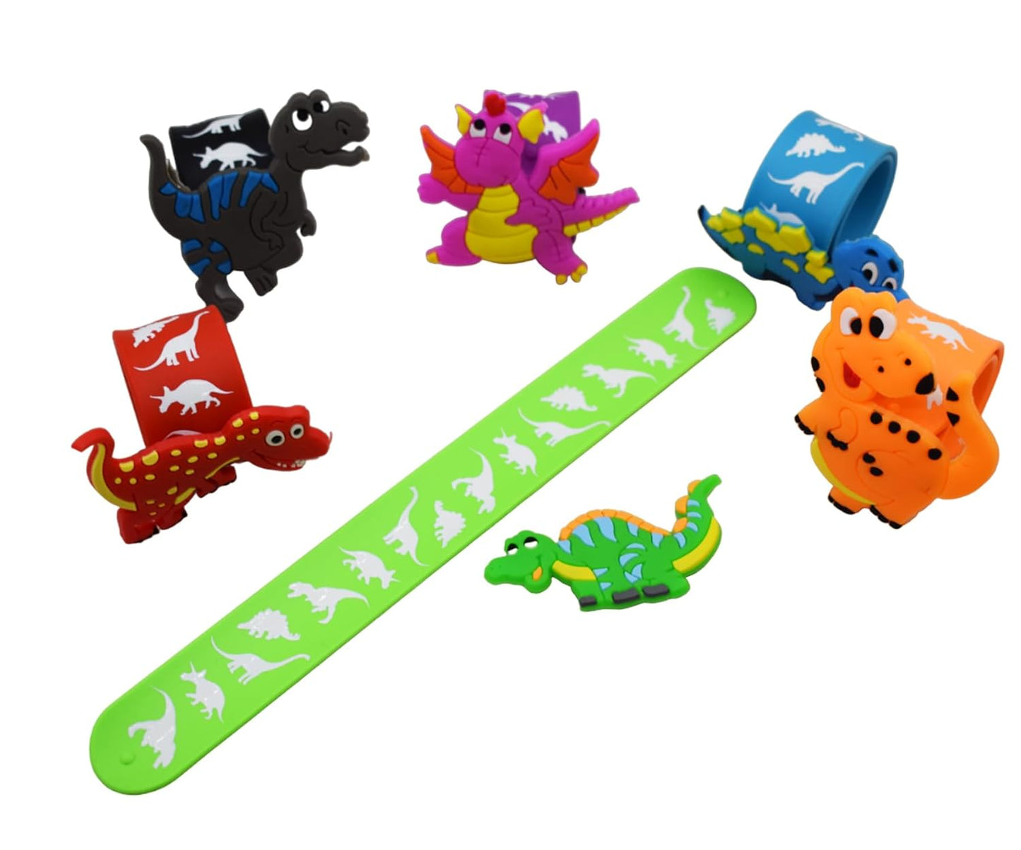 20600 {Pack of 12} Dino Theme Cartoon Slap Band Bracelets Silicone Wristbands Party Supplies Kids {Random Color}