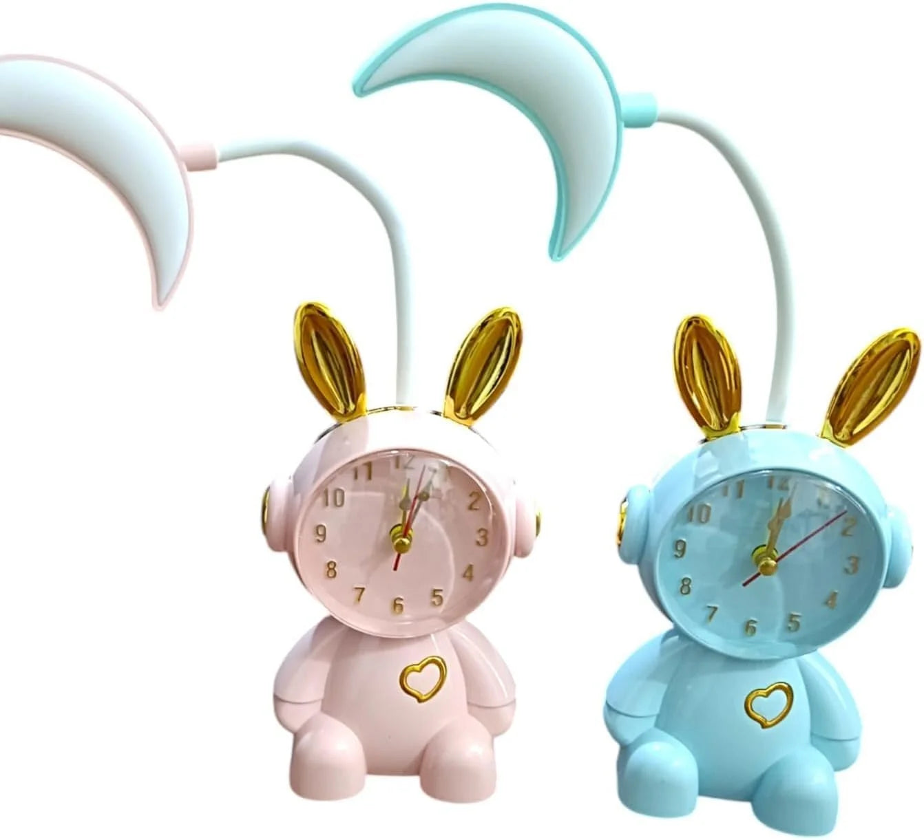 HD-3419 Cute Bunny Desk Clock with LED Moon Lamp, Pink and Gold Accents