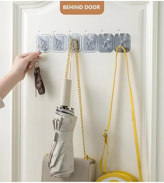 21350 Wall Hanging 6 Hooks Self Adhesive Wall Sticky- Heavy Duty Wall peg for Hanging Sticky Latch for Wall Heavy Items Without Drilling Transparent Wall Hanger Crochet(Multicolors)