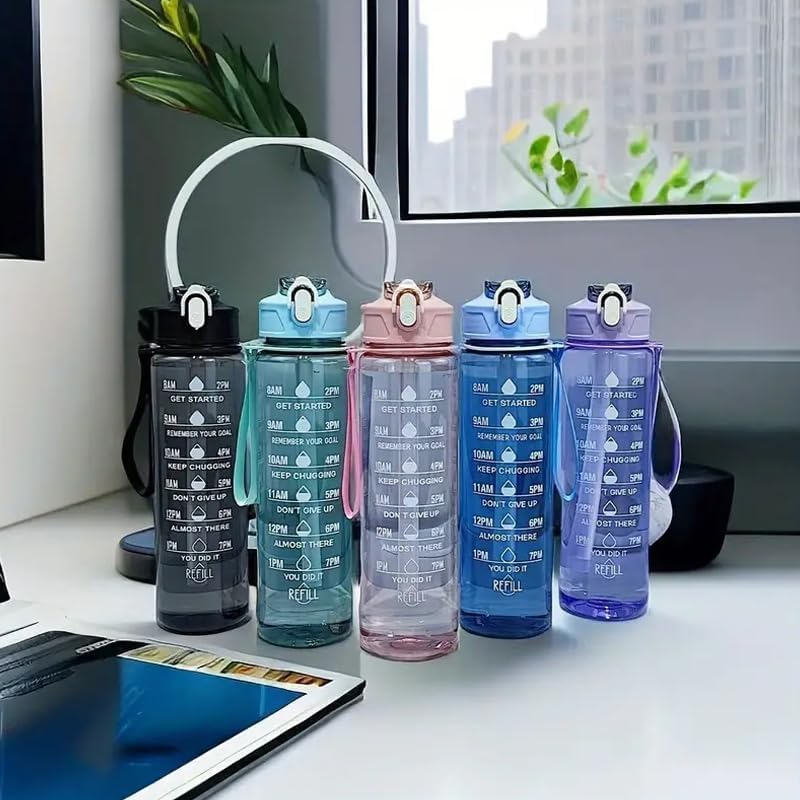 20514 Motivational Water Bottle with Time Markers, 900ml Capacity, Clear Plastic with Flip-Top Lid
