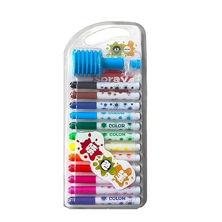 728 {12 Pieces} Colorful Pen Set with Spray Cum Sketch Pen with Stencils Drawing Set for Children Watercolor Safe Non-toxic Washing Graffiti DIY Multicolored- Birthday Return Gifts for Kids