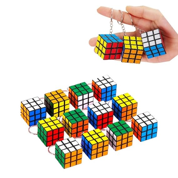 20878 (Pack Of 12) Rubix Cube Keychain Pack | 3x3 Magic Cube Keyring Puzzle Toy | Cartoon Keychains For Kids | Birthday Return Gifts, Party Favor Keychains Set