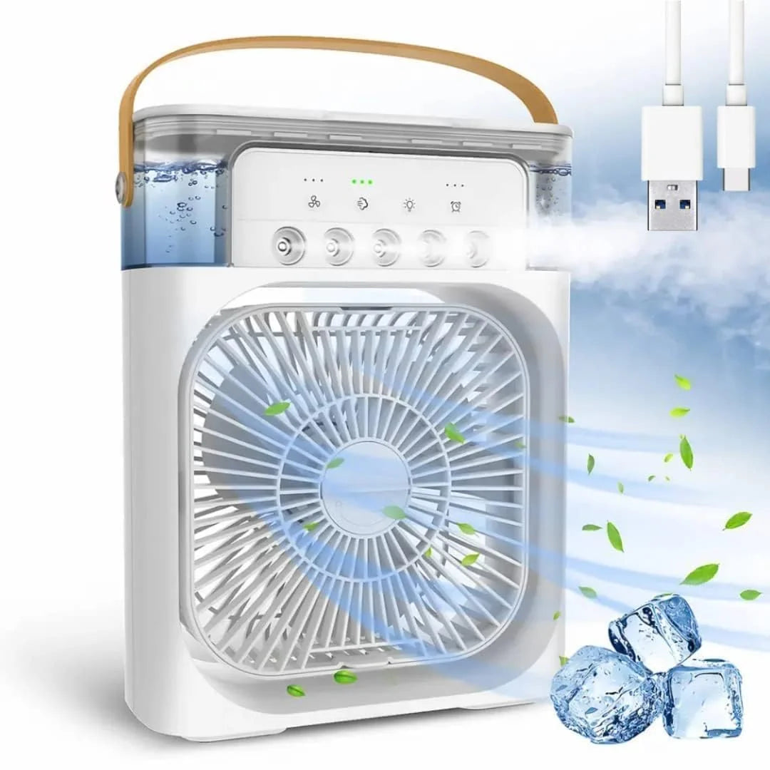 4766 Portable USB Air Cooler Fan with Ice Chamber, 4-in-1 Mini AC, Humidifier & LED Light – for Home, Office, Travel