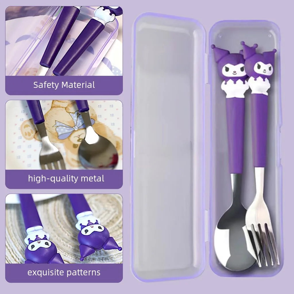 1235 Cute Spoon & Fork Combo with Storage Case, 7.87 inch {1 Pair} Random Design and color