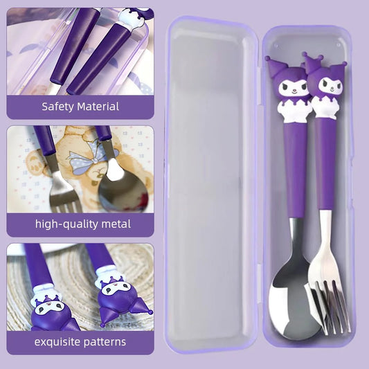 1235 Cute Spoon & Fork Combo with Storage Case, 7.87 inch {1 Pair} Random Design and color