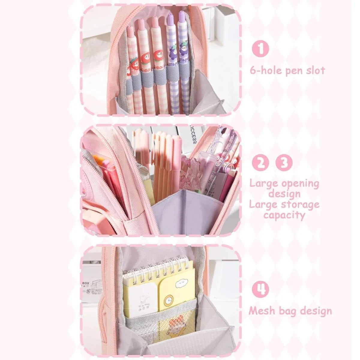 CK-161 Kawaii Pencil Pouch 3 Compartment Cute Pencil Poucha Aesthetic Pencil Box for Girls Large Capacity Pen Pencil Pouch Multifunctional Stationery Organizer for School Office