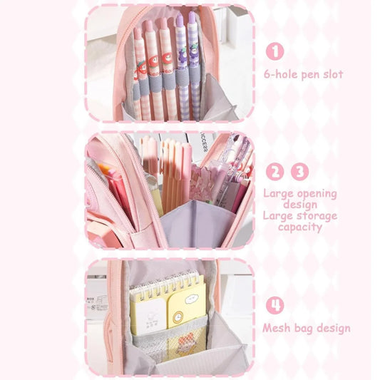 CK-161 Kawaii Pencil Pouch 3 Compartment Cute Pencil Poucha Aesthetic Pencil Box for Girls Large Capacity Pen Pencil Pouch Multifunctional Stationery Organizer for School Office