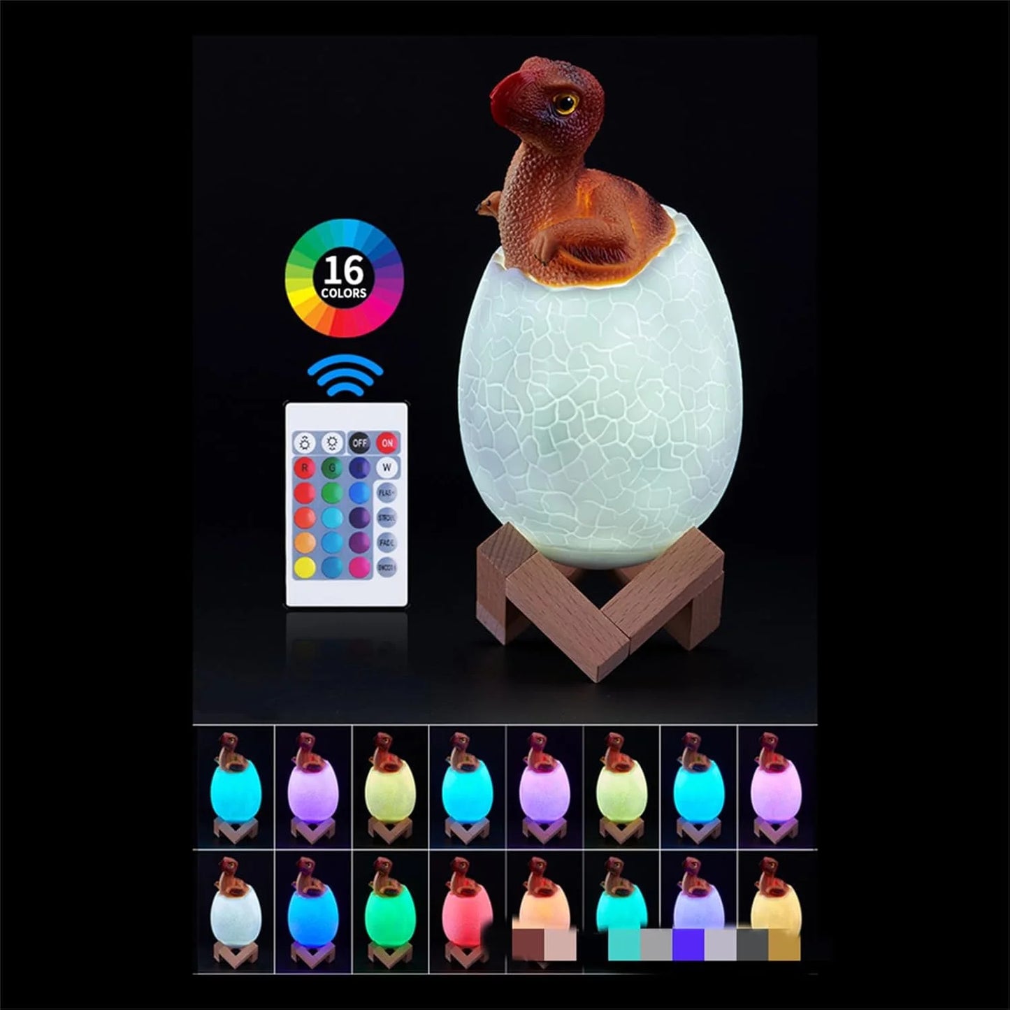10209 – D Dinosaur Egg Night Light with Wooden Base,Touchable with Remote Control, Multi-color Dinosaur Egg Night Light