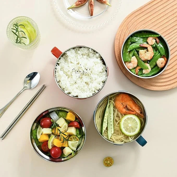 GBR-135 Double Layer Stainless Steel Noodle & Soup Bowl with lid and Handle, Tableware Infant Pasta, Soup, Rice, Food Storage Container for Kitchen