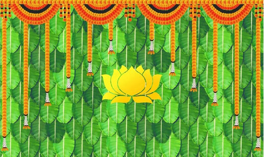 PJD-431 Traditional Banana Leaf & Marigold Garland Lotus Festival Backdrop Cloth