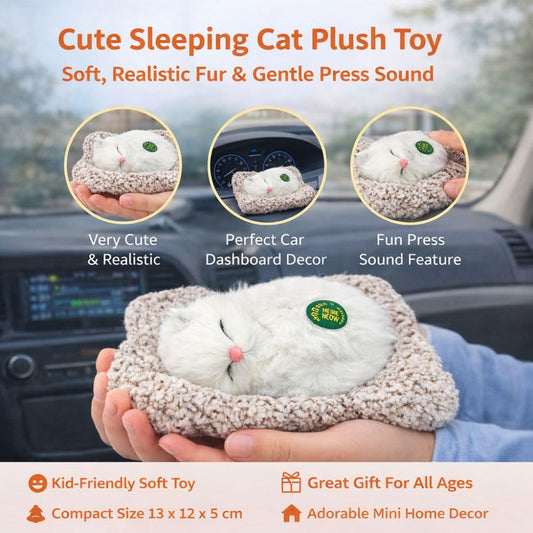 1676 Plush Sleeping Cat Decorative Toy with Pink Nose, White Fluffy Fur, Car Dashboard Display