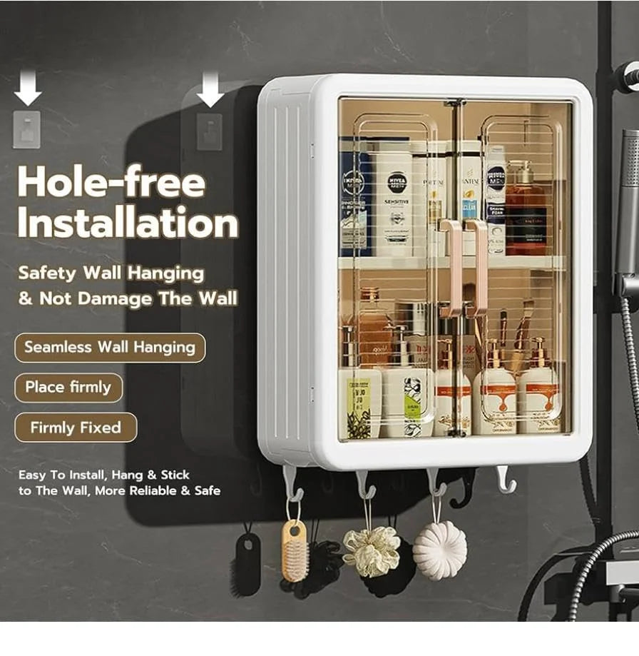 10767 Wall Mounted Bathroom Storage Cabinet with 5 Hooks | Double Door Medicine Cabinet | Waterproof Wall Shelf for Cosmetics & Toiletries