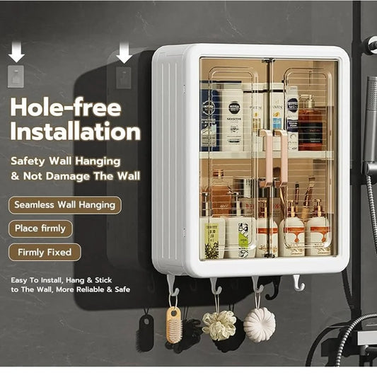 10767 Wall Mounted Bathroom Storage Cabinet with 5 Hooks | Double Door Medicine Cabinet | Waterproof Wall Shelf for Cosmetics & Toiletries