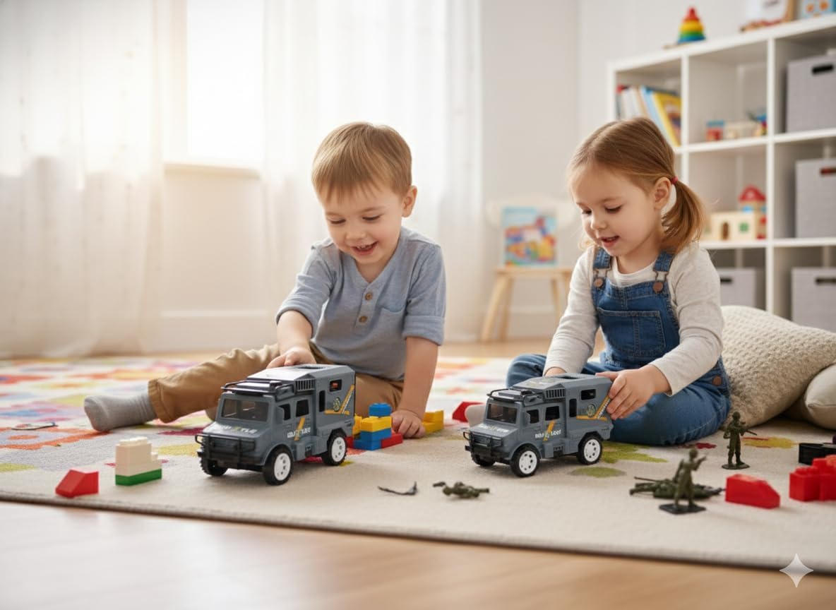 MD3096 Transport Truck Toy for Ki-ds | Pull-Back Friction Powered Army Jeep {Multicolor}