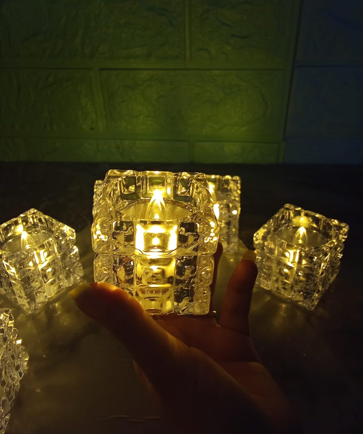 10836 Creative Square Block Shape Warm White Lighting LED Candle Flameless & Smokeless Battery-Operated Fancy Crystal Tealights Diya for Home Decor