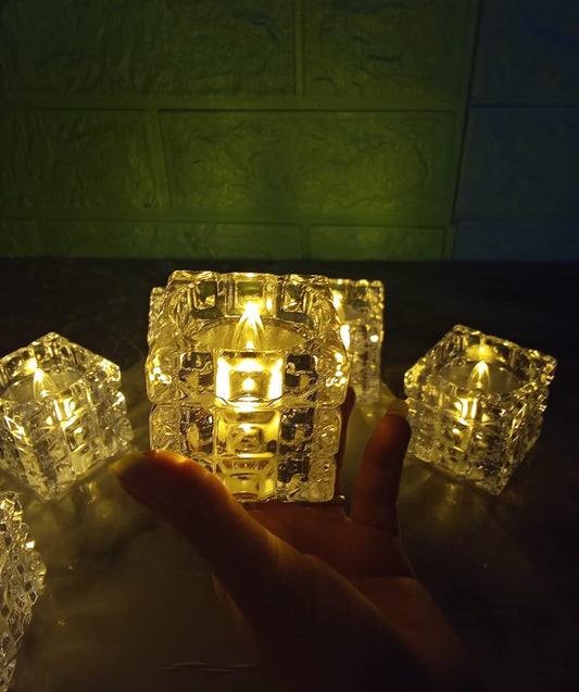 10836 Creative Square Block Shape Warm White Lighting LED Candle Flameless & Smokeless Battery-Operated Fancy Crystal Tealights Diya for Home Decor