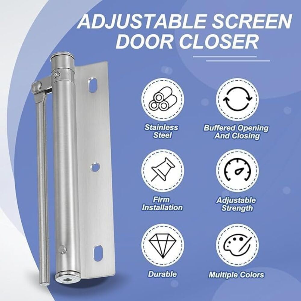 20735 Adjustable Automatic Door Closer for Home & Office, Spring Loaded Silent Door Closer with 4-Level Speed Control, Stainless Steel Auto Door Closer for Wooden