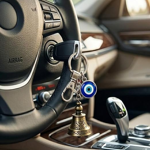 20504 Biker Guardian Bell & Evil Eye Keychain – Good Luck Charm for Protection from Bad Luck – Gift for Riders & Travelers