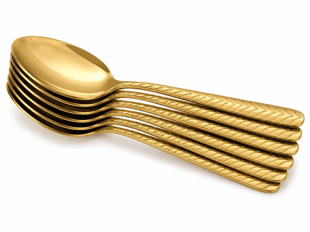 21237 Golden Steel Spoons Set of 6 Shiny Mirror Finish Rust Resistant & Food Safe Lightweight Stainless Steel Spoons for Dining, Tea, Coffee & Desserts Easy to Clean Cutlery Set