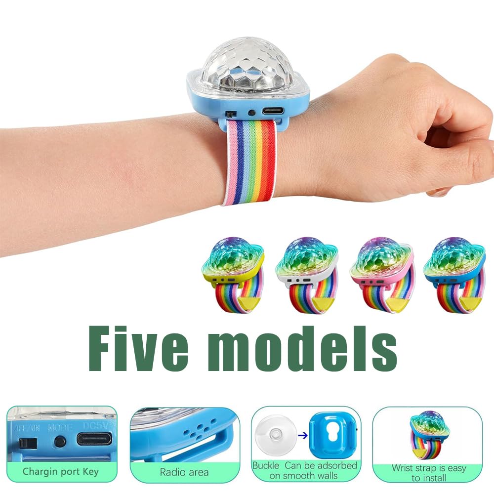 21280 Lancoon Disco Ball Light, Wearable Mini Portable LED Lamp Night Strobe Watch Bracelet USB Charging with Suction Cup for Kid Party Car Dance DJ Club (Pink, Blue, Yellow, White)