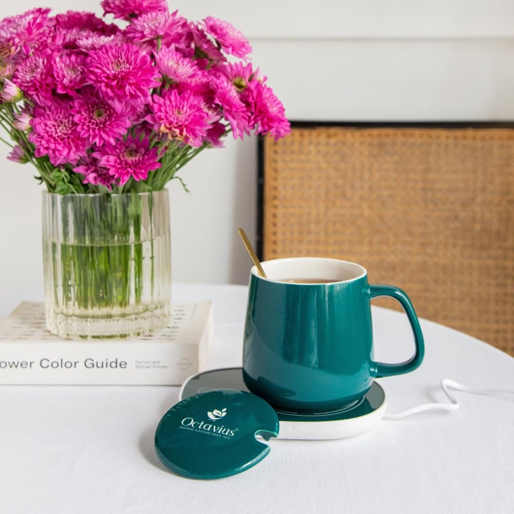 20176 Tea/Coffee Mug Warmer - 350 Ml | Heating Function Electric Warmer Plate with Auto Shut Off | for Home and Office Use | Includes: Mug, Lid and Heating Plate - Green