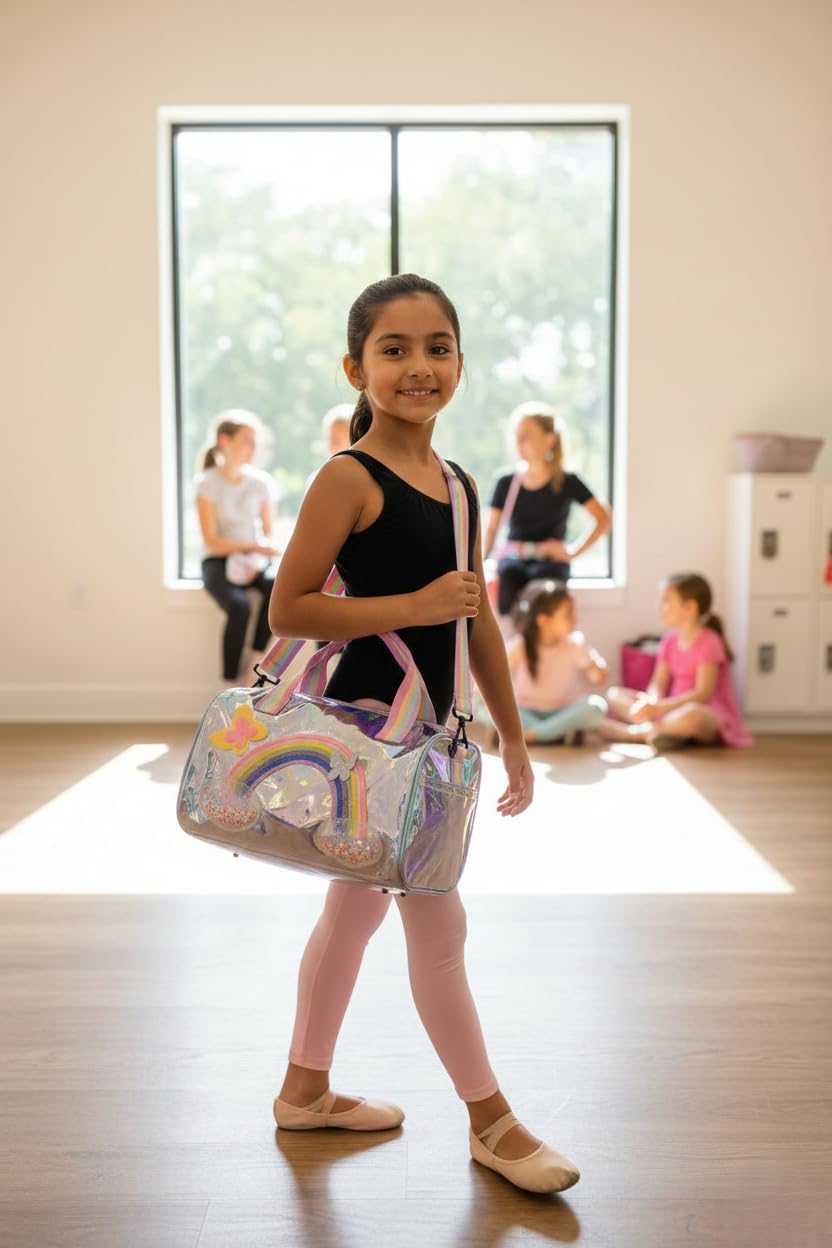50346 Happy HuesMagical Holographic Duffle Bag for Girls – Trendy Water-Resistant Kids Travel Bag with Rainbow Straps & Butterfly (Rainbow Duffle) { Size-30cm*27cm*26cm*}