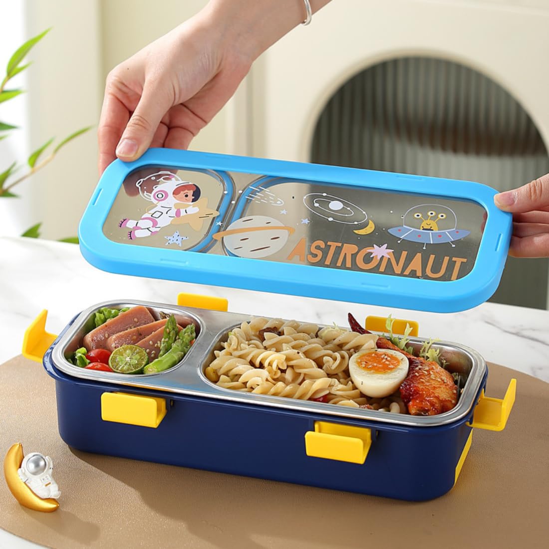 20482 Stainless Steel Kids Lunch Box 2 Compartment 600 ml Purple Astronaut Cartoon Design Tiffin Box with Spoon & Fork for School Leak Proof Resistant BPA Free Boys & Girls {Random Design}