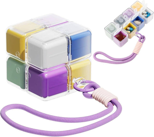 21132 Magnetic Rubik Cube Pill Box Keychain – 8-Compartment Portable Medicine Organizer | Moisture-Proof Mini Travel Pill Holder with Secure Magnetic Lock & Key Ring for Tablets, Fish Oil & Supplements