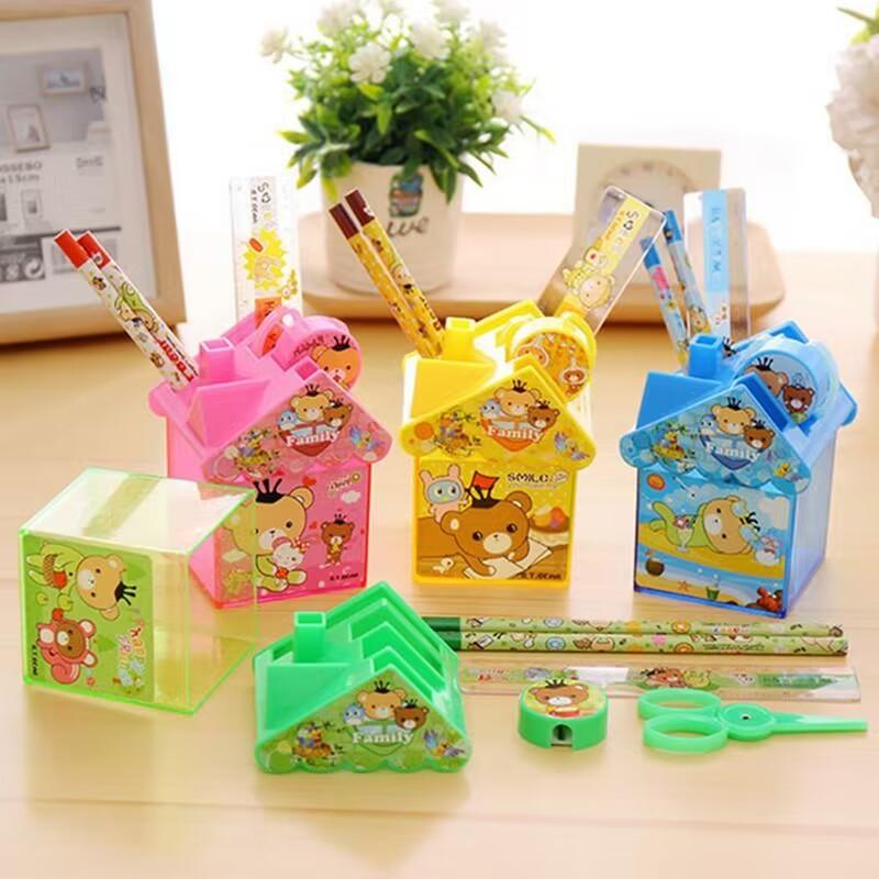 20745 Pen Holder, Cartoon Small House Shape Pencil Stand with Scissors Pencil Ruler Sharpener Desk Pen Organiser Kids Stationery {Random Color}