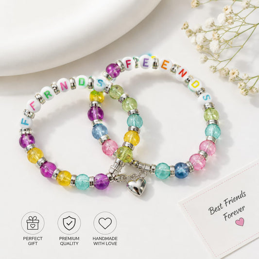 20809 {1 Pair} Best Friends Forever (BFF) Colorful Beaded Bracelet Set with Heart Charm | Handmade Friendship Gift for Girls, Women & Besties"