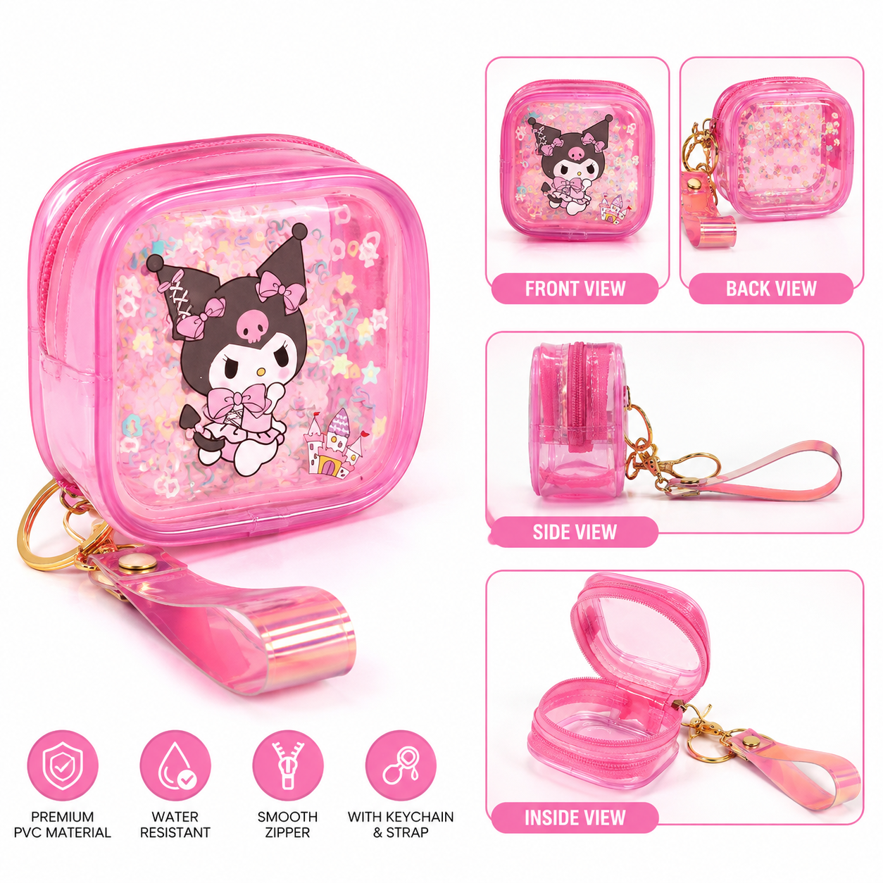 20919 Transparent PVC Mini Coin Pouch with Keychain & Wrist Strap | Cute Cartoon Zipper Wallet | Portable Earbuds & Coin Case
