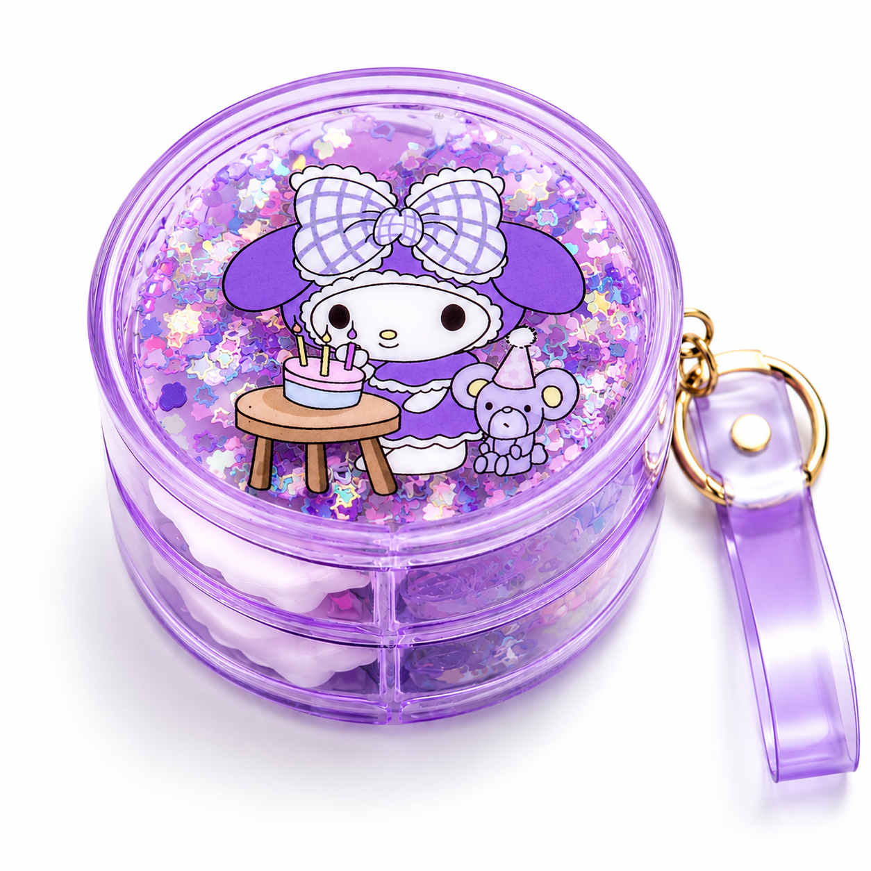 20920 Cute Round Mini Storage Box Keychain with Glitter Lid | 3-Layer Portable Organizer