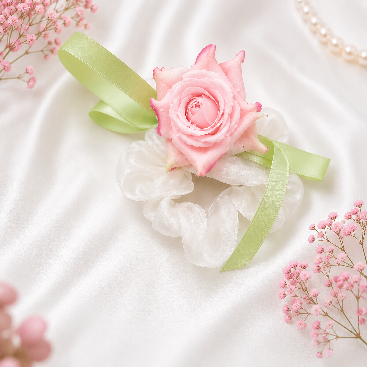 4125 Rose pink colour Hair Tulip flower Scrunchie/Rubber band with Decorative Green Ribbons, Rose pink colour {Multicolor}