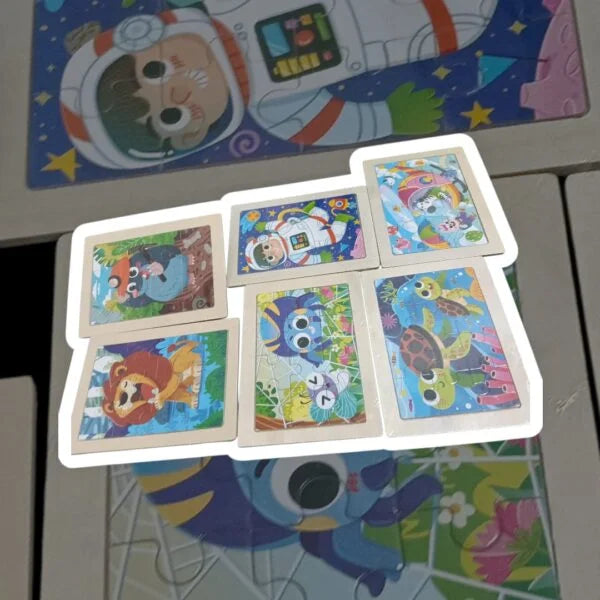 20030 12 Pieces Wooden Jigsaw Tetris Puzzle Kids Cartoon Animal Vehicle Puzzles Games
