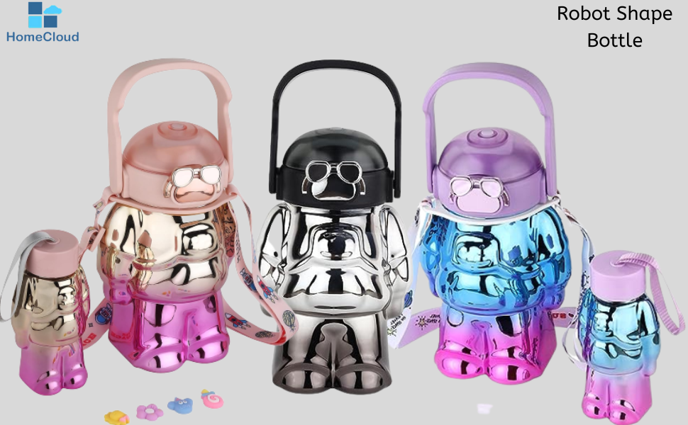 20709 Home Cloud Set of 2pc (1000 + 200ml) BPA-Free, Leak-Proof Robot Shape Water Bottles - The Ultimate Hydration Solution for Kid's, School, Gym, and Picnic Adventures {Random Color}