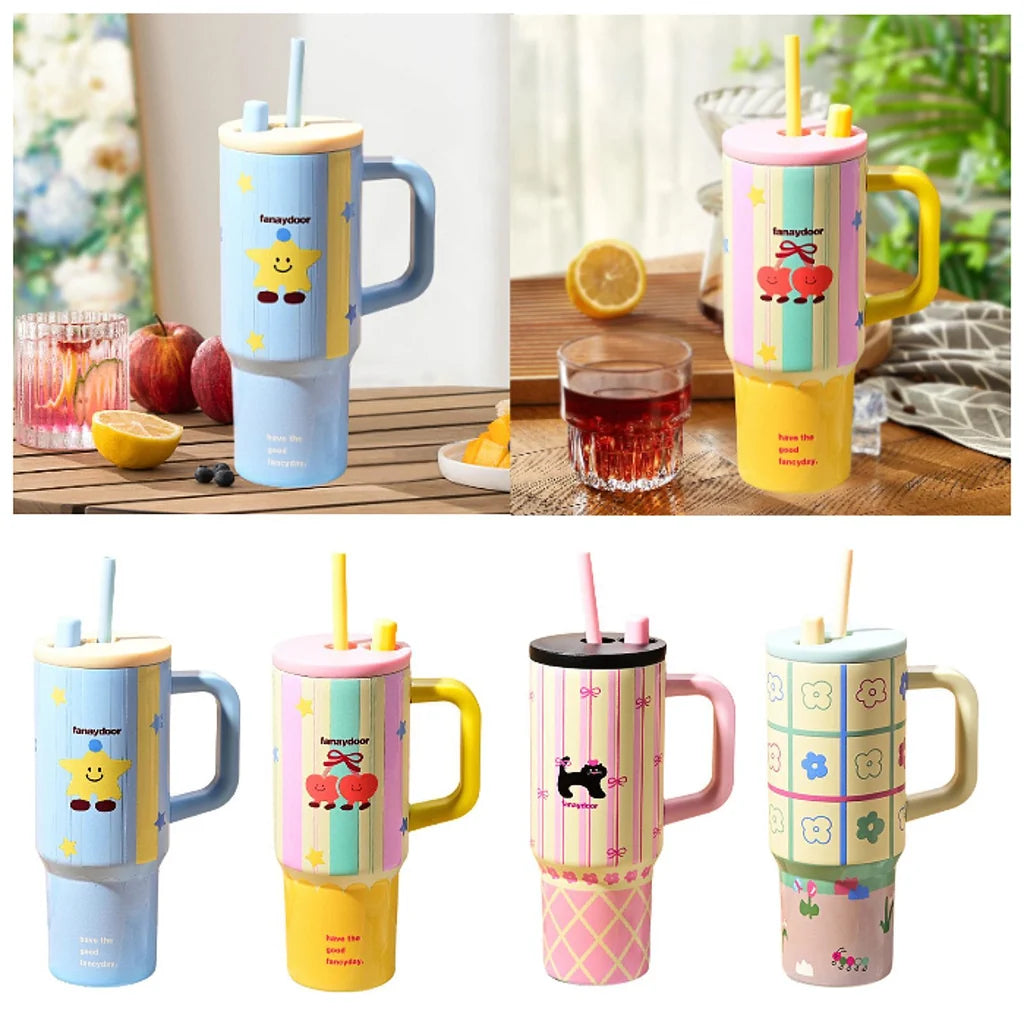 20953 Korean Cute Tumbler with Straw & Handle, (710 mL) Travel Mug for Women & Girls, Leakproof Double Wall 316 Stainless Steel Insulated Cup for Coffee, Water, Juice & Cold Drinks