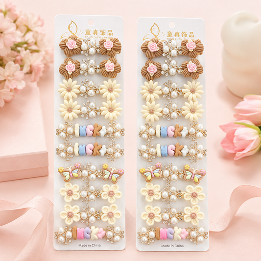 20930 12 Pair Set Girls Fancy Hair Clips Set | Cute Flower & Pearl Hair Pins Combo Pack | Stylish Hair Accessories for Kids & Women