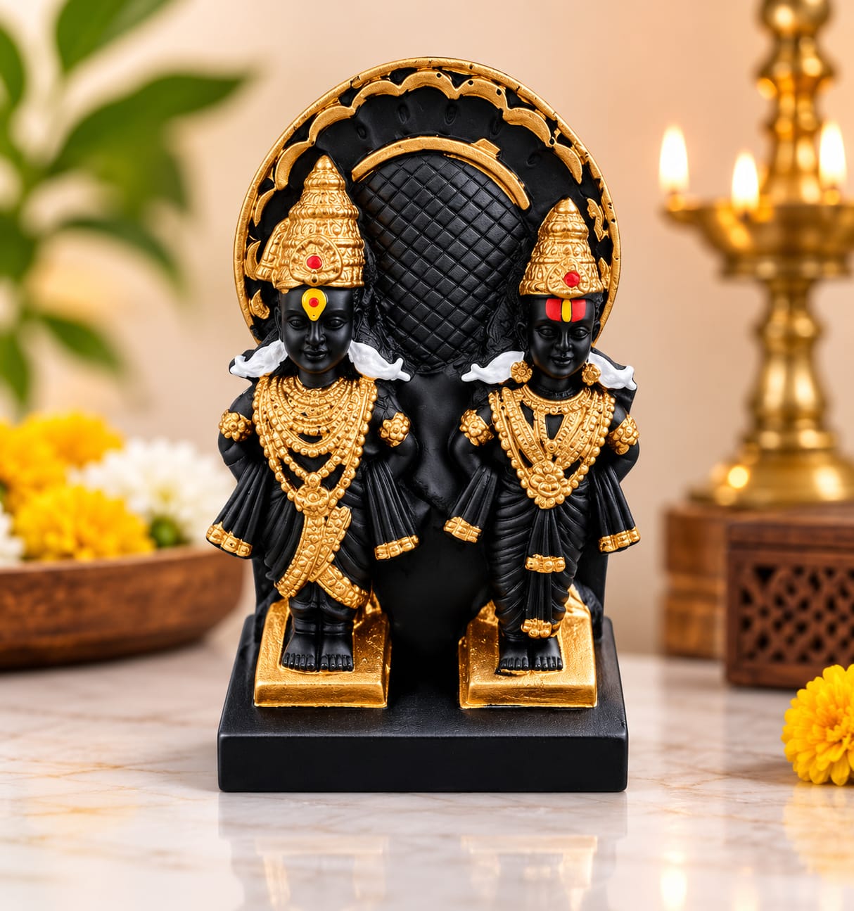 21134 lack Resin Vitthal Rukmini Idol with Decorative Arch | Premium Finish Hindu God Statue for Home Temple, Office & Gifting | Handcrafted Showpiece {size-9.5cm}