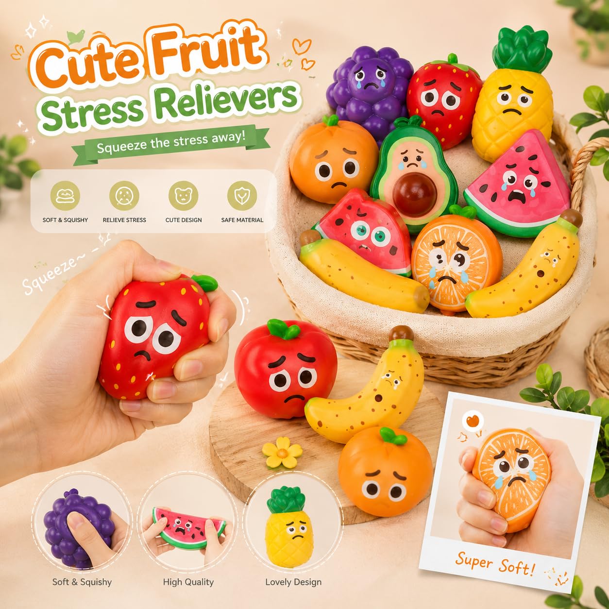 20670 Cute Fruit Stress Relief Squishy Toys for Kids & Adults, 1 Pcs Soft Squeeze Sensory Fidget Toys , Mini Fruit Slow Rising Squishies for Anxiety Relief