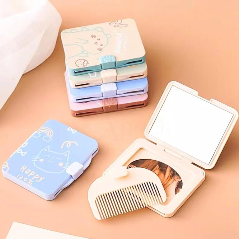 23148 Apeak Korean Portable Compact Mirror with Detachable Comb | Travel Pocket Makeup Mirror for Girls & Women