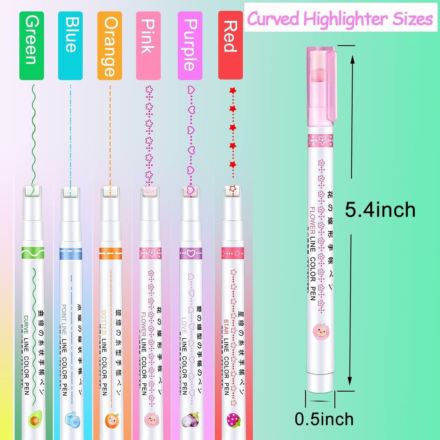 DM-7008-6  Curve Highlighter Pen Set-Dual Tip Pens with 6 Different Curve Shapes Fine Tips,Colorful Curve Highlighters Six Cute Pattern-Heart/flower/curve/dotted Line/Slash/Dot, for Writing, Drawing(6)