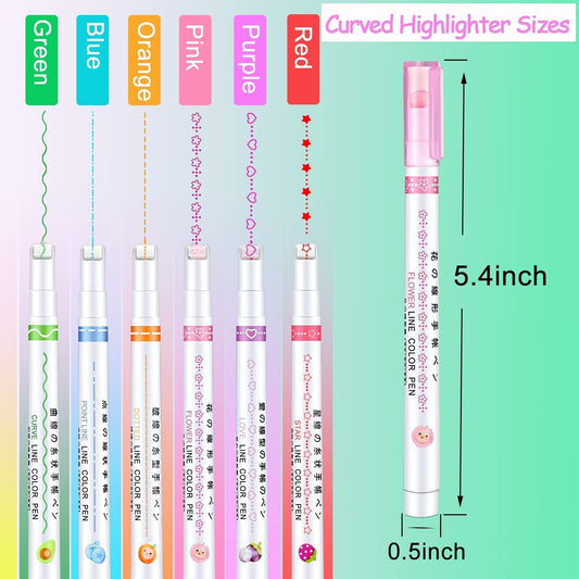 DM-7008-6  Curve Highlighter Pen Set-Dual Tip Pens with 6 Different Curve Shapes Fine Tips,Colorful Curve Highlighters Six Cute Pattern-Heart/flower/curve/dotted Line/Slash/Dot, for Writing, Drawing(6)